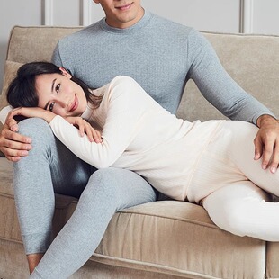 三枪内衣女秋冬半高领100%纯棉薄款男秋衣秋裤抽条全棉打底衫套装