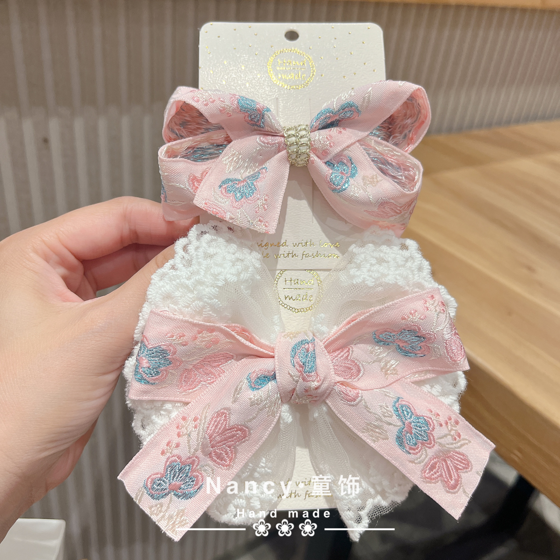 古风清新刺绣带小清新粉色蕾丝蝴蝶结发饰女童儿童头饰边夹配饰