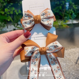 春夏款女童蝴蝶结头饰焦糖色系刺绣带发夹飘带发饰儿童蝴蝶结配饰