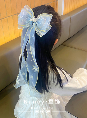 蓝色冰雪奇缘爱莎公主银雪花蝴蝶结飘带顶夹发饰女童头饰发卡边夹