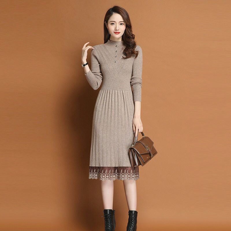 加厚配大衣针织连衣裙女2025秋冬新款韩版长款过膝蕾丝妈妈毛