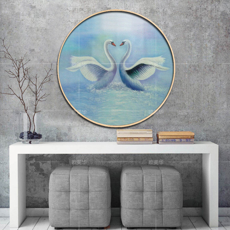 欧式手绘天鹅湖风景油画简欧玄关过道壁炉画客厅餐厅酒店圆形挂画