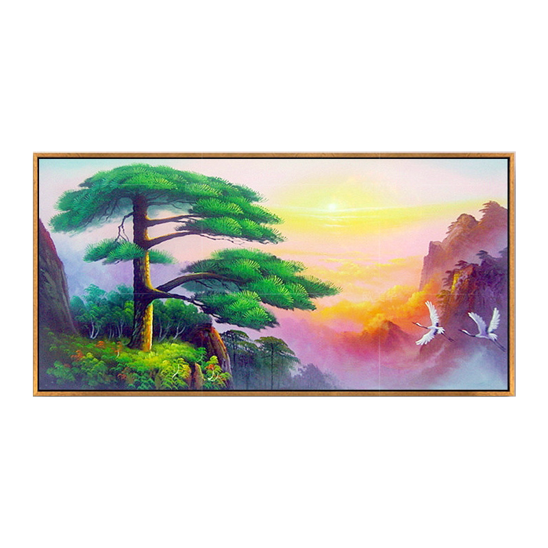 中堂风迎客松沙发背景墙手绘油画