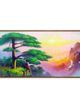 中堂风迎客松沙发背景墙手绘油画