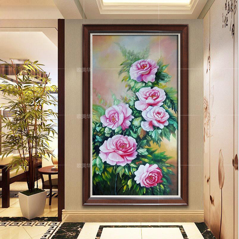新中式花卉牡丹客厅玄关装饰画别墅复式壁画走廊挂画手绘油画定制图片