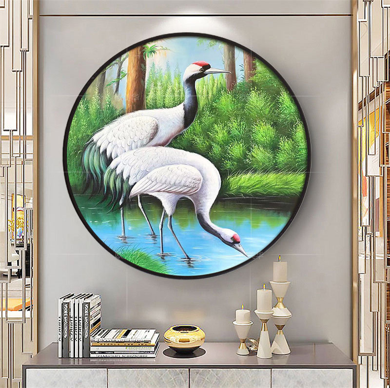 手绘仙鹤动物油画酒店山水有框画客厅壁画入户玄关走廊卧室挂画