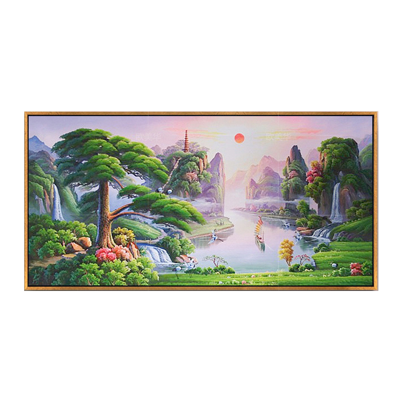 别墅风水大幅有框迎客松装饰画