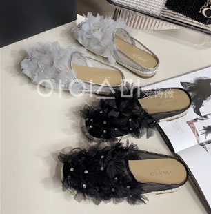 爱诗薇女鞋2026春季新款真皮花朵圆头渔夫鞋平底百搭舒适半拖鞋子