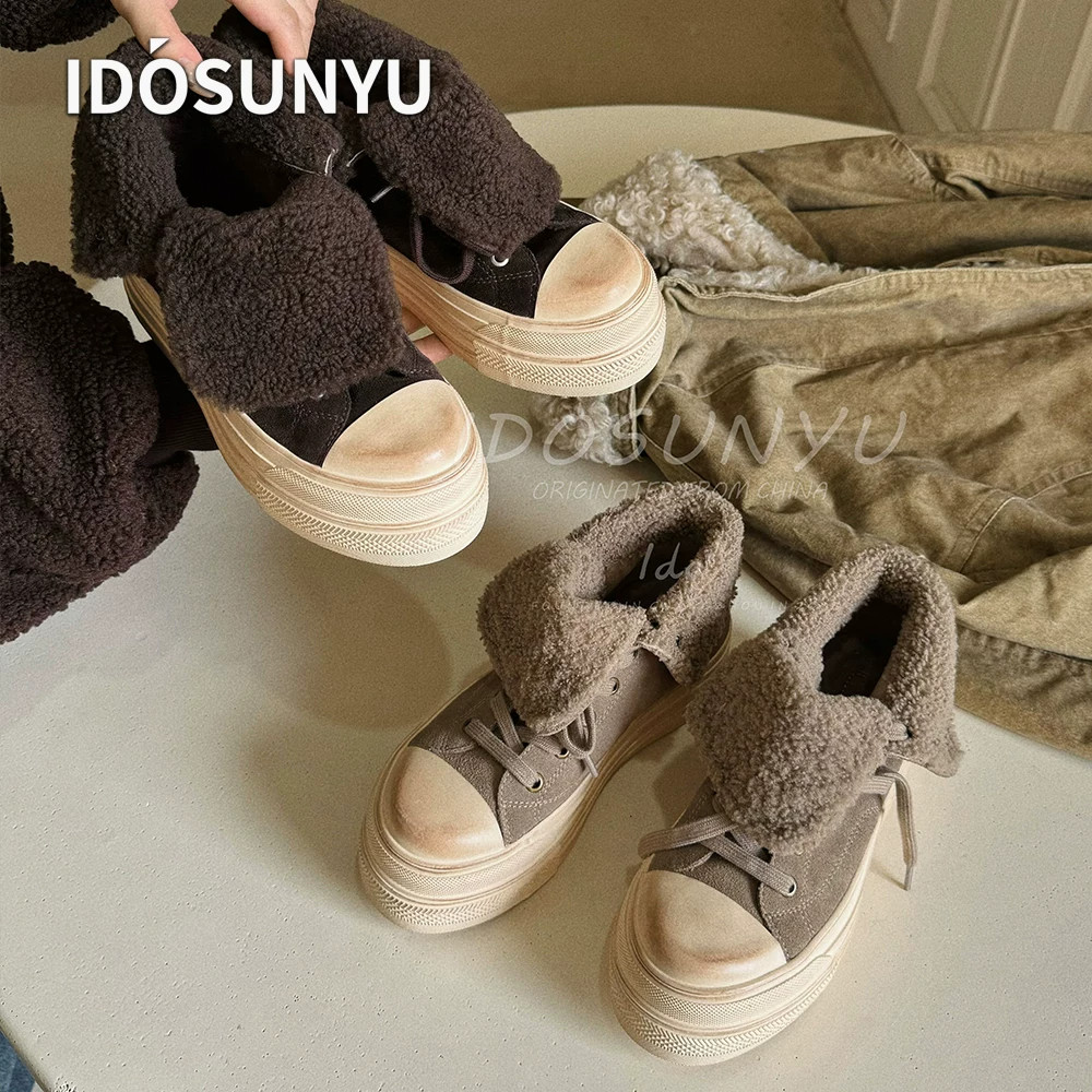 IDO欧货复古风进口牛猄皮加绒厚底高帮系带百搭增高舒适休闲板鞋