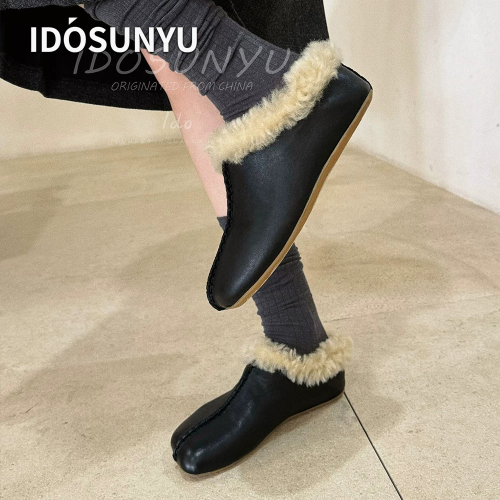 IDO欧货厚底牛皮毛绒包头真皮半拖冬季羊卷毛加绒保暖防滑穆勒鞋