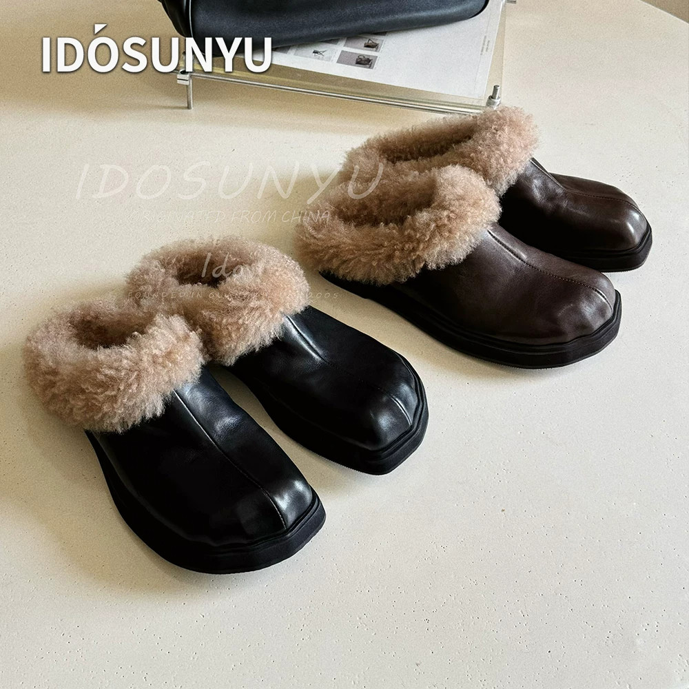 IDO欧货厚底牛皮毛绒包头真皮半拖冬季羊卷毛加绒保暖防滑穆勒鞋