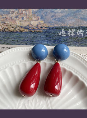 吃撑的梵高复古港风80年代感撞色小众耳环法式摩登酒红色水滴耳饰