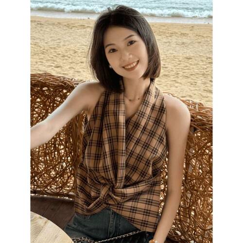 港风挂脖露肩格纹无袖吊带背心女夏季外穿收腰别致独特外套小上衣