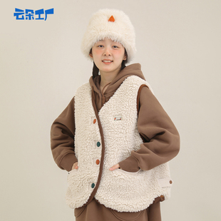 云朵工厂小雪人毛绒马甲秋冬季 保暖宽松撞色外搭开衫 背心上衣女款