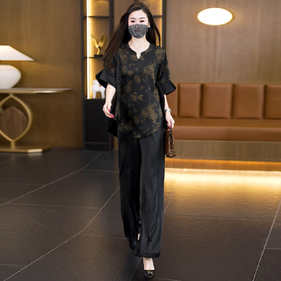 民族风印花时尚 女夏季 高级感显瘦不规则上衣洋气阔腿裤 两件套 套装