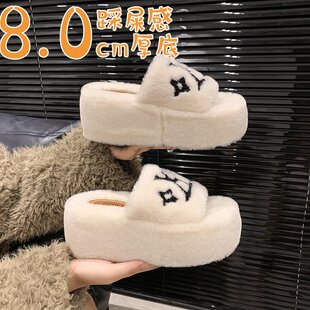 2026新款一字增高8厘米厚底松糕外穿女秋冬居家保暖时尚棉拖大码