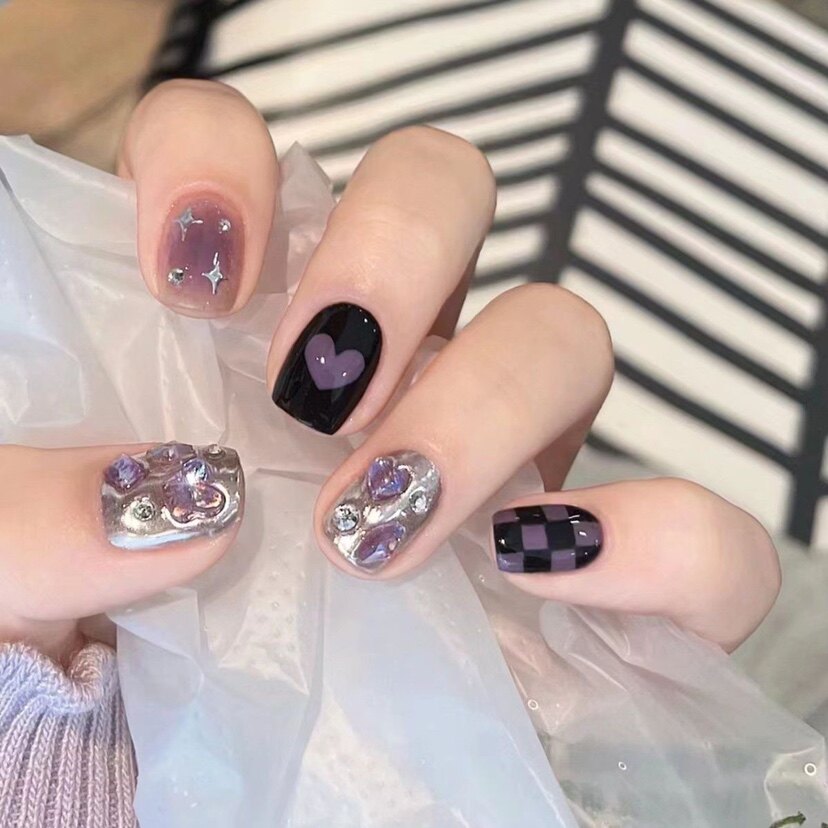 甜酷风黑紫星芒带钻穿戴甲美甲片可拆卸假指甲贴片y2k辣妹美甲片