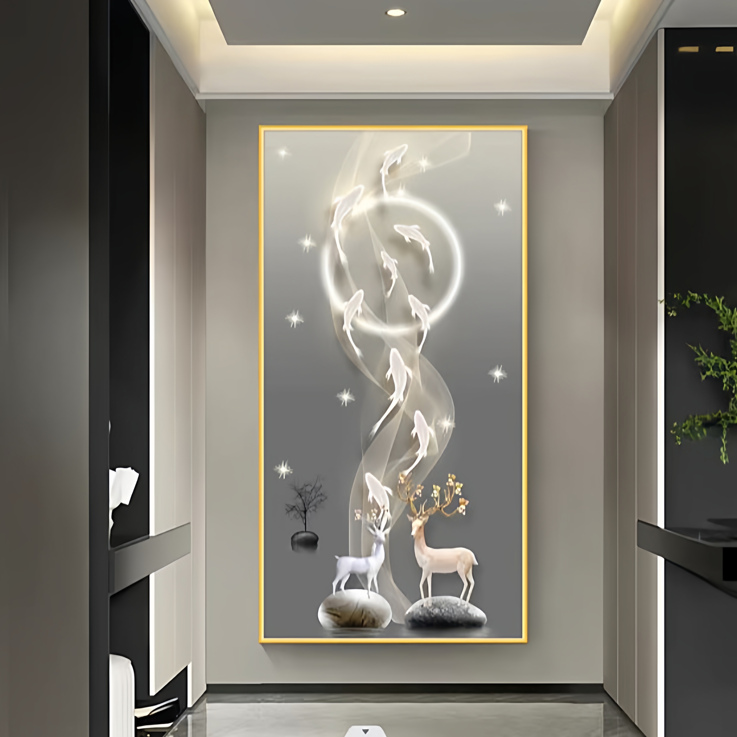 现代轻奢晶瓷玄关装饰画入户正对门寓意好挂画走廊过道高级感壁画图片