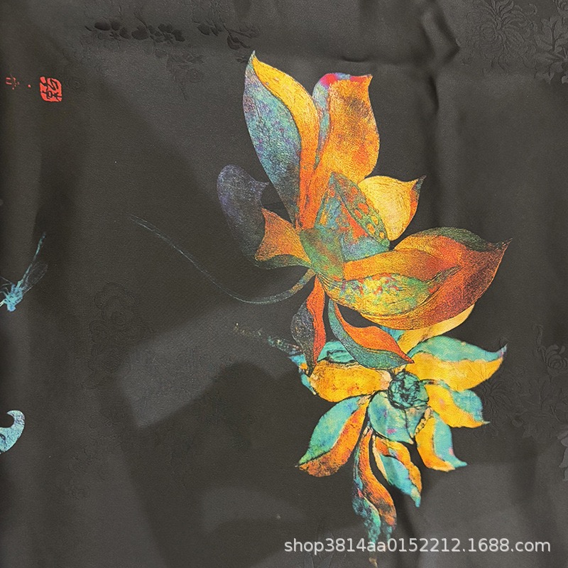 五色莲印花香云纱布料重锻薯莨纱桑蚕丝服装面料国风  半米链接