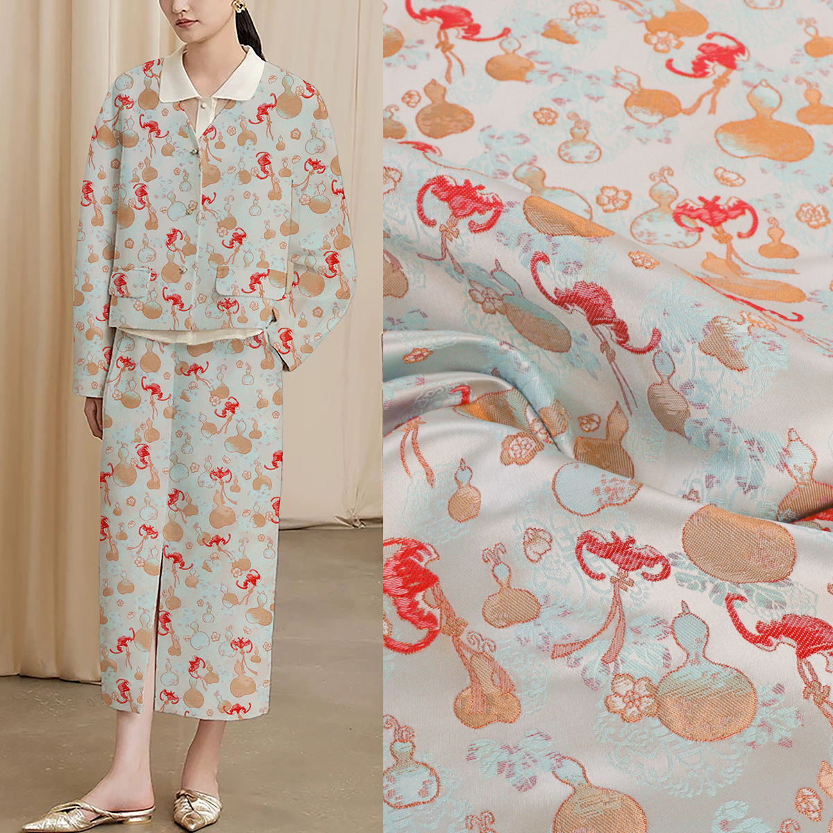 《FS001葫芦红蝠纹》仿宋锦提花绸缎面料马甲上衣童装锦缎服装布