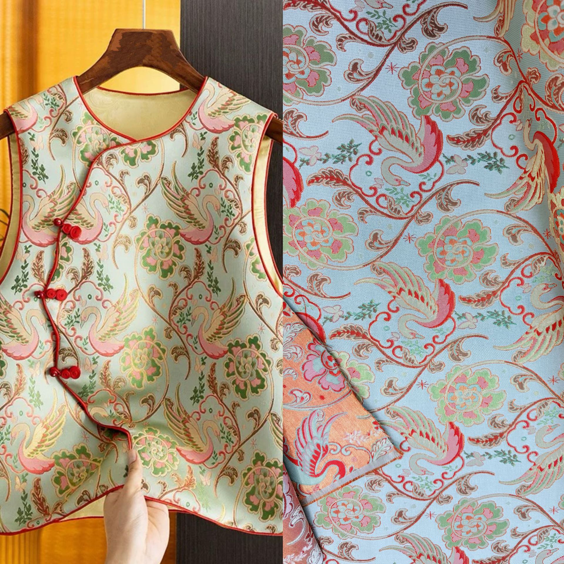 天鹅湖仿宋锦国风提花面料 色织汉服织锦缎马甲女装童装服装面料