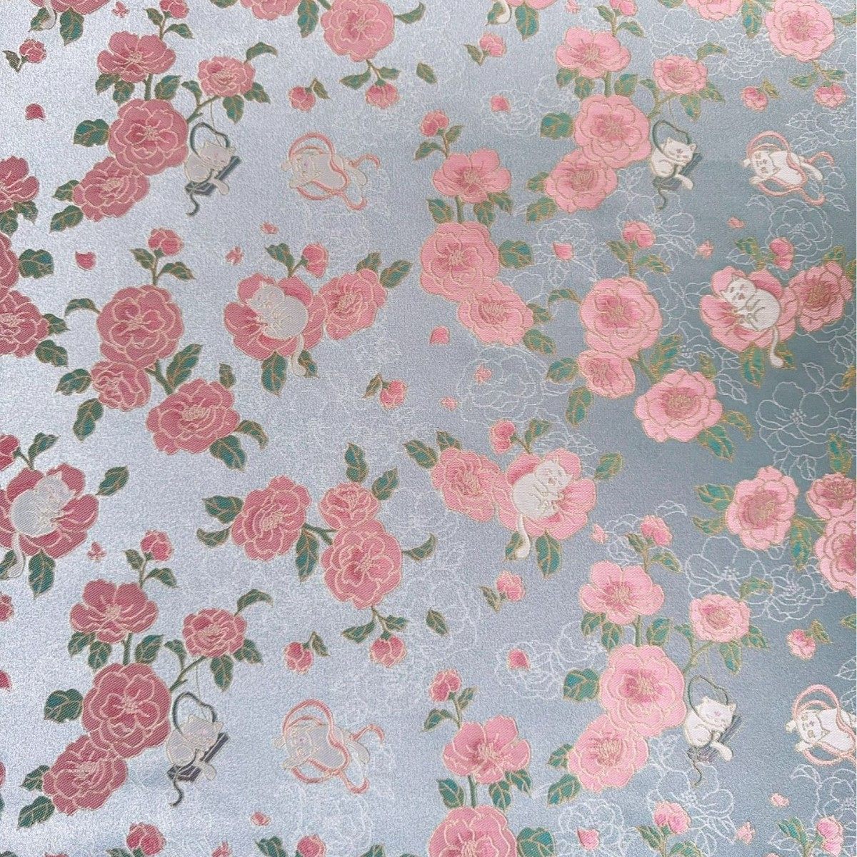 卡通山茶猫咪仿宋锦提花面料 新中式马甲旗袍连衣裙箱包抱枕茶席