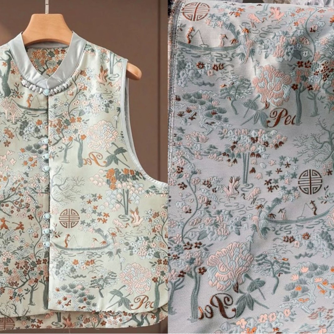 色织提花发财树国风面料  仿宋锦服装面料女装童装马甲连衣裙