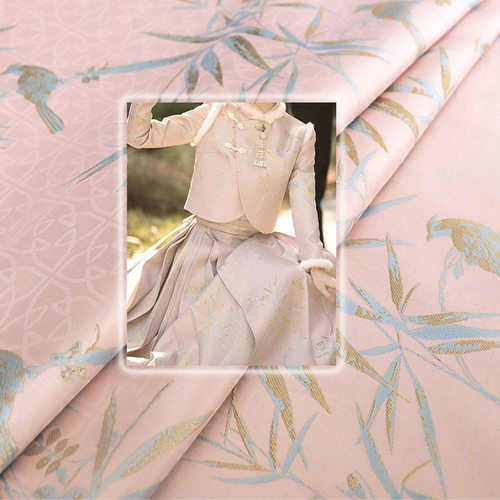 《FS068雀竹》仿宋锦织金服装面料裙子马甲上衣提花锦缎布料花型