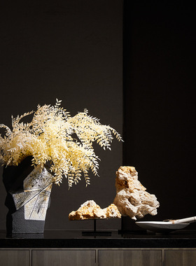 黑白斜口花瓶中式创意家居样板间客厅插花不规则褶皱艺术陶瓷花器