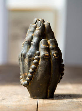 禅意新中式双手合十阿弥陀佛创意摆件书房桌面博古架纯手工工艺品