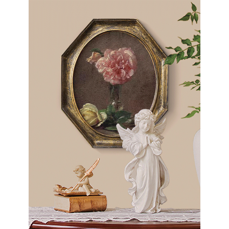 法式复古小众艺术卧室装饰画欧式客厅餐厅八角挂画美式花卉壁画椭