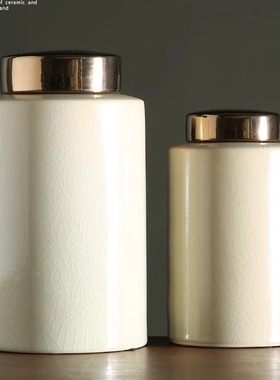 现代简约装饰罐室内家居用品 冰裂纹白青色陶瓷储物罐 直身圆盖罐