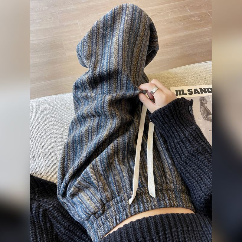 美拉德竖条纹加厚阔腿裤子女秋冬季高腰休闲复古垂感加绒直筒裤潮