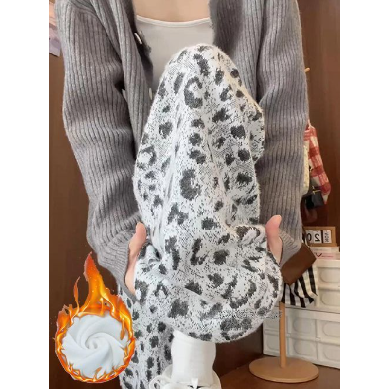 黑色豹纹糯米裤女秋冬季2025新款加绒加厚高腰保暖显瘦垂感直筒裤