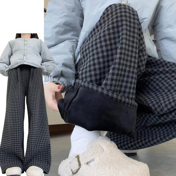 加绒加厚复古格子裤女秋冬2025新款高腰垂感软糯休闲小个子阔腿裤,女装/女士精品,休闲裤,淘宝优惠券,粉丝福利购,淘宝优惠卷