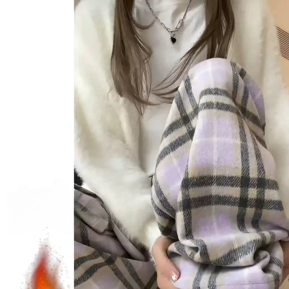 加绒粉色毛呢格子阔腿裤女秋冬韩版高腰直筒裤宽松垂感休闲裤