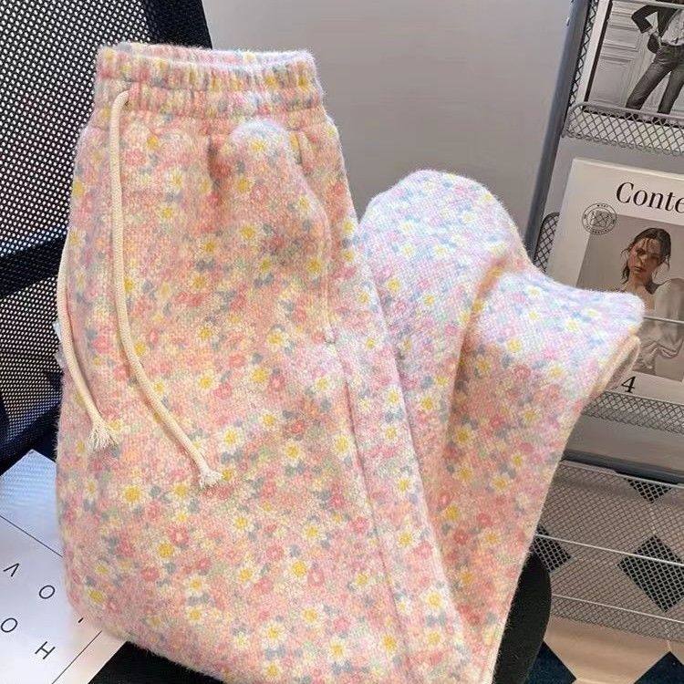 美式复古小碎花休闲裤女冬季小个子加绒高腰阔腿直筒糯米裤潮