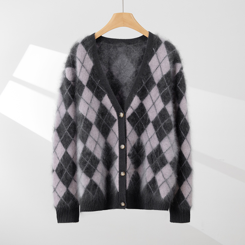 重工100山羊绒拉绒毛衣开衫女V领宽松菱形格拼色复古毛毛针织外套