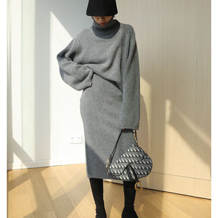 半裙两件套装 时髦套裙慵懒大克重羊绒宽松廓形甩袖 高领大毛衣修身