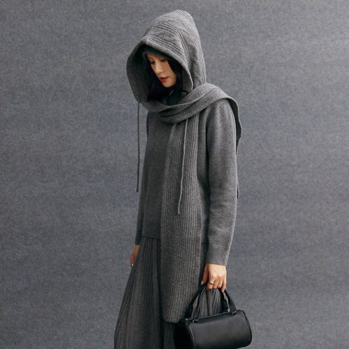 R0W风及简羊绒羊毛连帽针织帽女秋冬保暖护耳围脖连帽围巾毛线帽