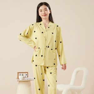 睡衣女长袖冰丝春夏季印花带口袋