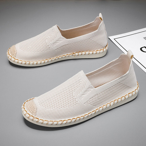 布鞋男款冬季一脚蹬透气老北京帆布鞋男士工作防滑草编针织休闲鞋