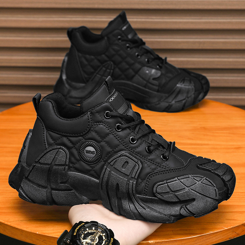男鞋冬季加绒保暖棉鞋黑色休闲运动老爹鞋耐磨厚底上班工作劳保鞋