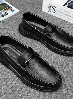 皮鞋男款夏季透气商务正装英伦风乐福豆豆鞋一脚蹬黑色皮面休闲鞋