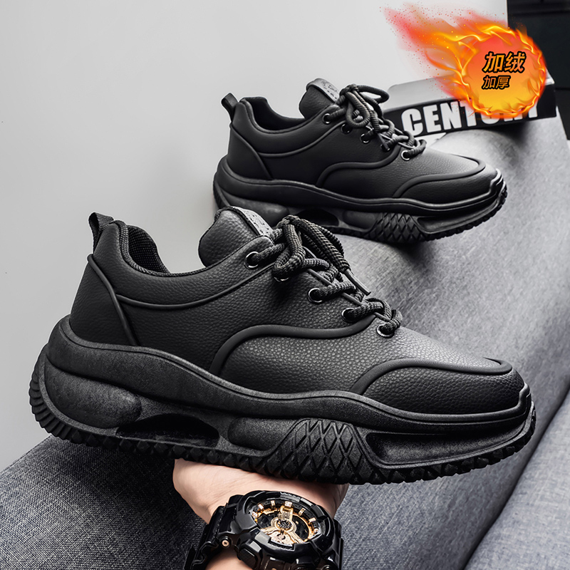 欧洲站男鞋2025新款厚底增高加绒加厚保暖二棉鞋黑色皮面老爹潮鞋