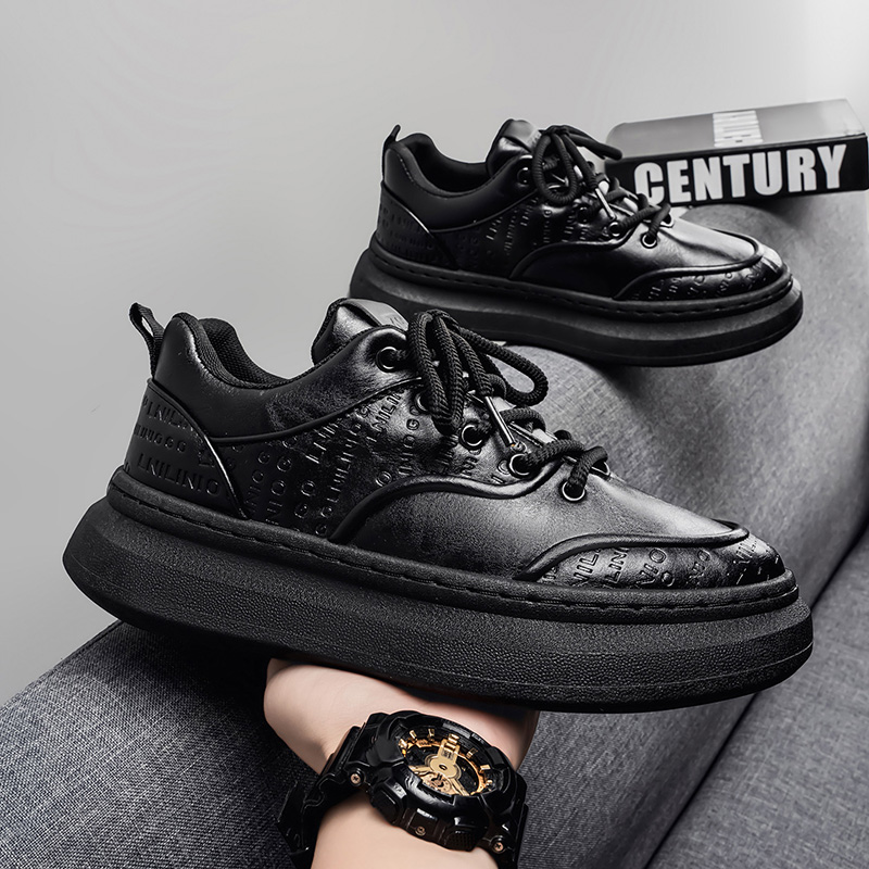 男鞋2025新款冬季黑色厚底增高上班工作耐磨板鞋皮面防水劳保黑鞋