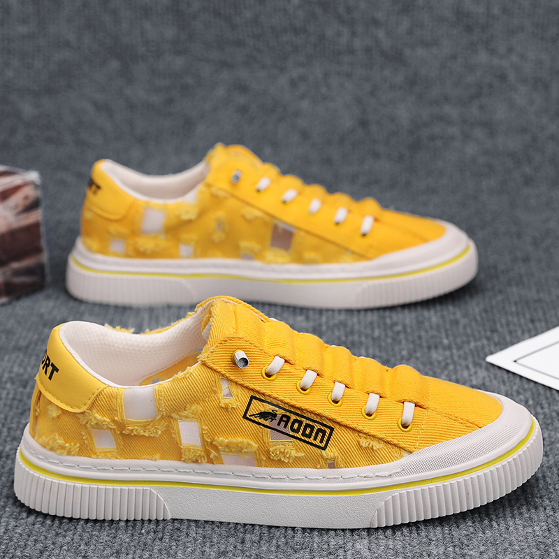 黄色帆布鞋男款乞丐破洞