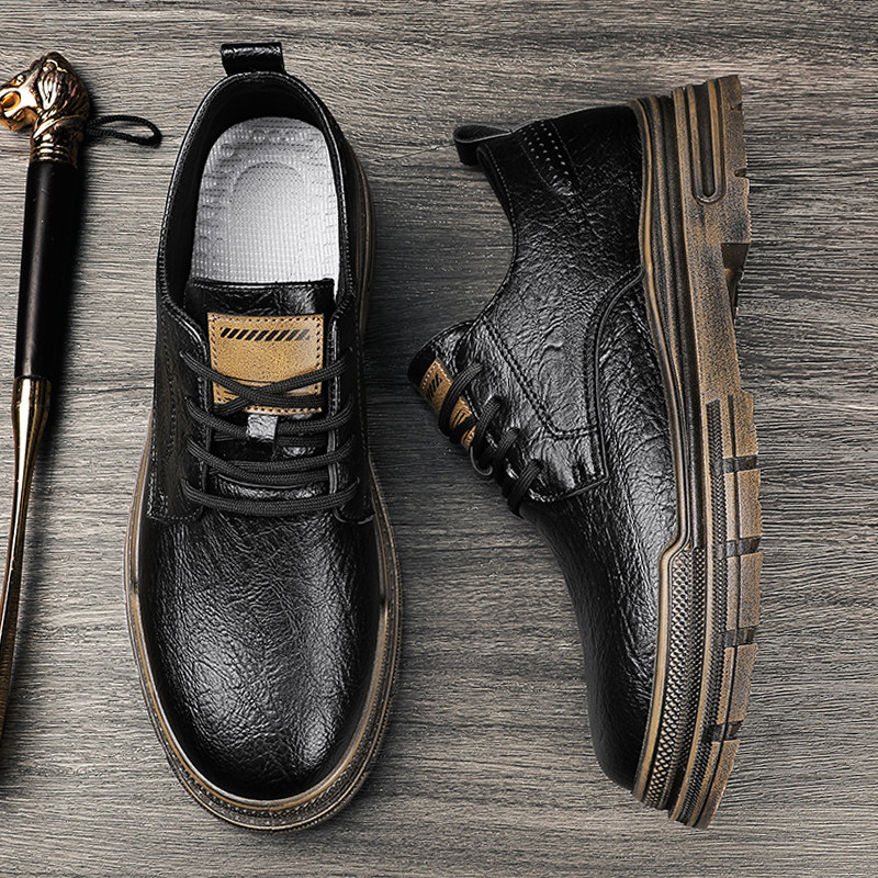 男鞋春秋复古潮流低帮商务休闲皮鞋男士防滑耐磨厚底工作劳保板鞋