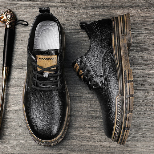 男鞋春秋复古潮流低帮商务休闲皮鞋男士防滑耐磨厚底工作劳保板鞋