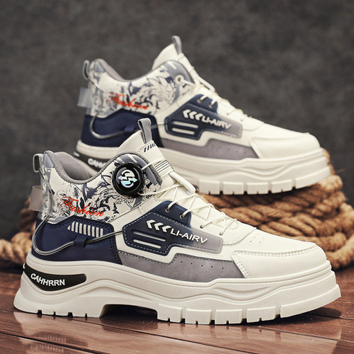 高帮男鞋冬季2025新款户外登山青少年旋转纽扣运动厚底工装马丁靴